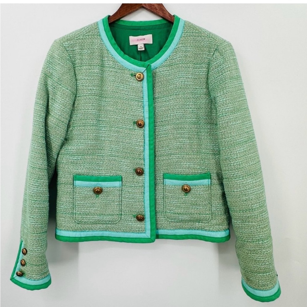 RAREJ.Crew Spearmint Collarless Cotton Tweed Jacket Lady Womens 10 Blue Green